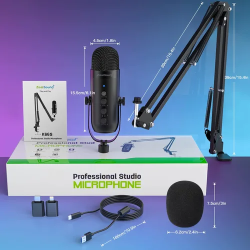 Vista 7 de ZealSound Micrófono de podcast con brazo de brazo, micrófono USB con reducción de ruido, silencio, eco y control de volumen, monitoreo de latencia