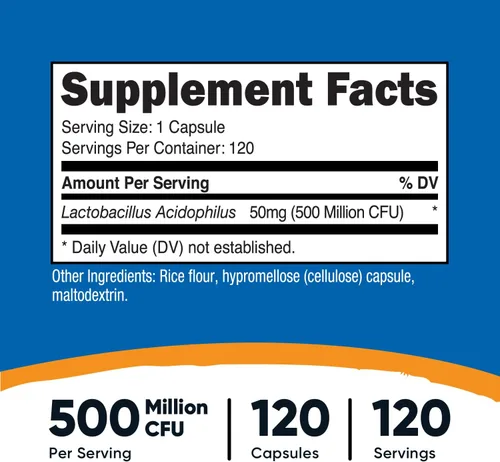 Vista 2 de Nutricost Lactobacillus Acidophilus 500 millones de UFC por porción (120 cápsulas)