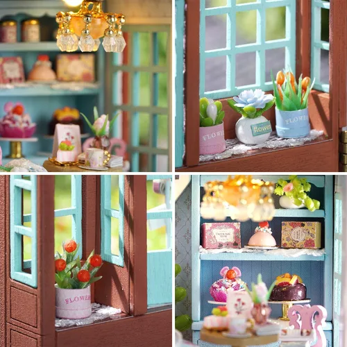 Vista 5 de Roroom Kit de casa de muñecas en miniatura y muebles, modelo de casa de muñecas de madera en 3D con LED, idea creativa de habitación para regalo