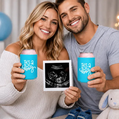 Vista 2 de Pink Palm Co. IT'S A BOY - Juego de enfriadores de latas – Fundas para baby shower y revelación de género – Enfriadores de latas de cerveza