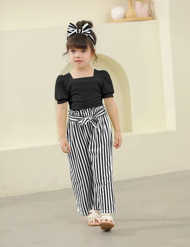 Vista 2 de DONWEN Conjunto de 3 piezas de ropa para niñas pequeñas y niñas con cuello cuadrado + pantalones elegantes + diadema para primavera y verano