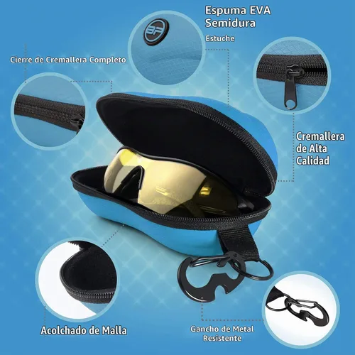 Vista 5 de BLUPOND Estuche para gafas de sol con carcasa semirrígida de EVA con gancho colgante de metal y clip de cinturón para almacenamiento de gafas de sol