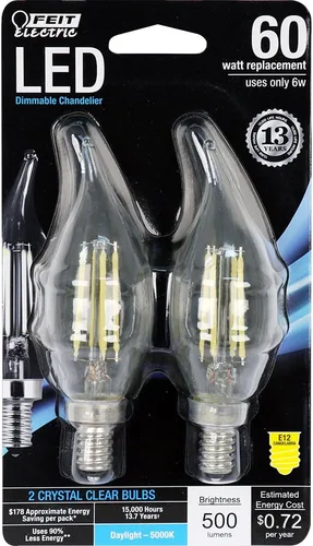 Vista 15 de Feit Electric BPCFF40/827/LED/2 Bombilla LED regulable, equivalente a 40 W, 120 voltios, 300 lúmenes, base de candelabro, 2700 K, CRI >80, blanco