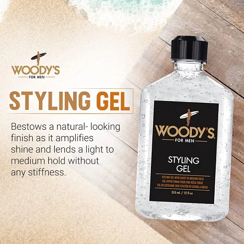 Vista 2 de Woody's Gel de peinado para hombres, gel para el cabello sin alcohol con sujeción ligera a media, sin crujido, acabado táctil, 12 onzas líquidas