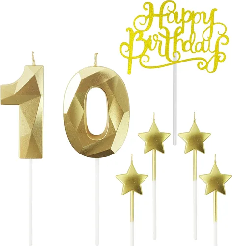 Vista 36 de Velas de cumpleaños doradas con número 20 y velas de estrella de cumpleaños de 7 cm Velas para pastel de cumpleaños en forma de diamante 3D son