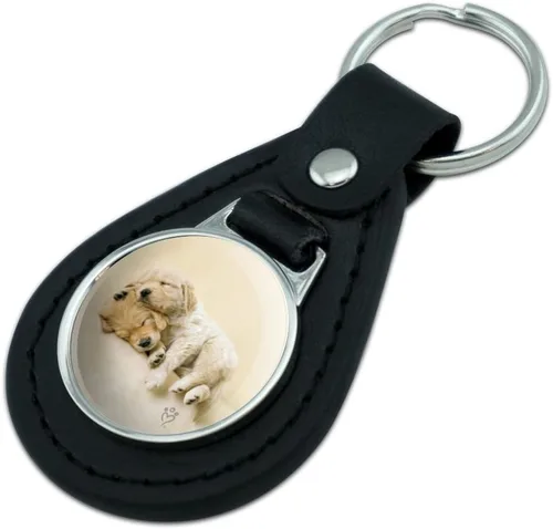 Vista 2 de Llavero de cuero negro Golden Retriever Cachorros Perros Amigos Dormir