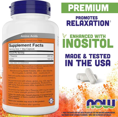 Vista 2 de NOW Foods L-teanina, Doble Fuerza 200 mg por cápsula - 180 cápsulas veganas - Mejorada con 100 mg de inositol - Vegetariana, Sin OMG - Suplemento