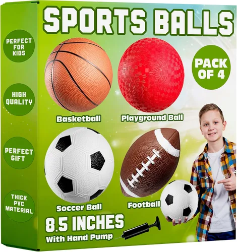 Vista 8 de Conjunto de pelotas deportivas PlayBolt (paquete de 4, 12.7 cm) - Mini baloncesto arcoíris, fútbol, fútbol americano y pelotas de patio con bomba