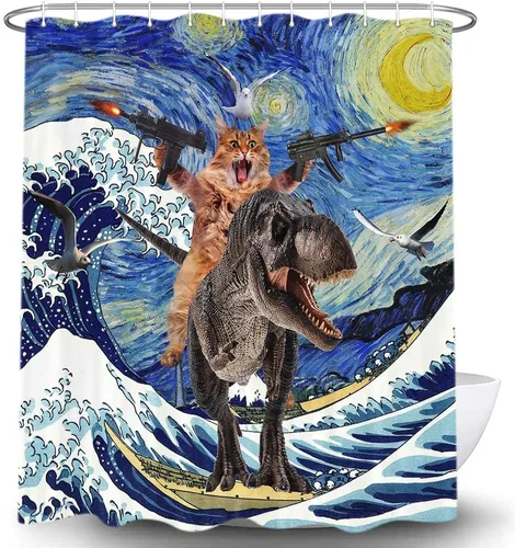 Vista 3 de Divertido juego de cortina de ducha con diseño de gato, dinosaurio japonés con ondas oceánicas, cortinas de baño divertidas para niños, decoración