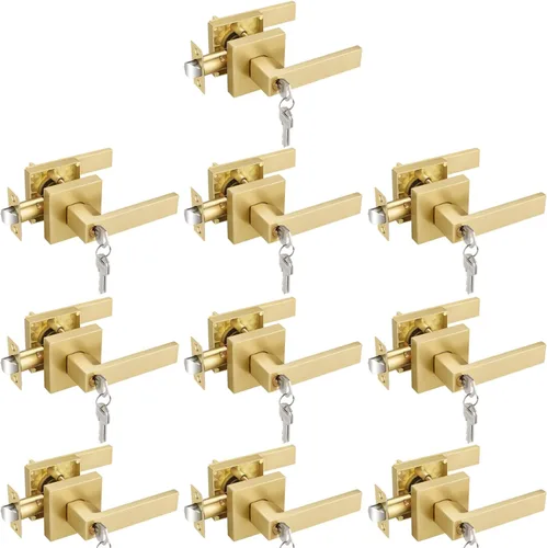 Vista 25 de EHOMEWARE - Juego de manijas de puerta delantera doble de latón, manija de puerta de latón cuadrado resistente en oro y cerradura de un solo
