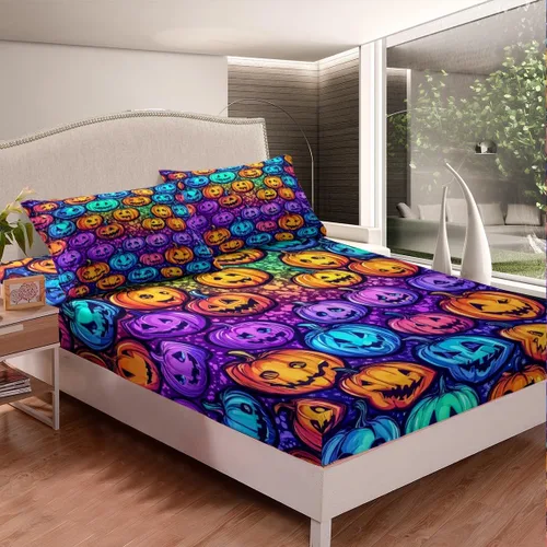 Vista 2 de Erosebridal Sábanas de calabaza de Halloween para niños, diseño de calabazas arcoíris, tamaño individual, para niños y niñas, juego de ropa de cama