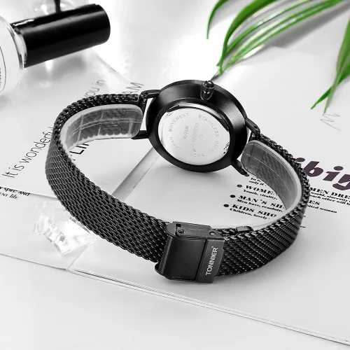 Vista 5 de Tonnier - Reloj de malla de acero inoxidable con correa de malla de cuarzo para mujer con bonita caja