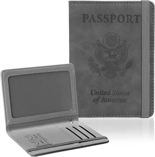 Vista 8 de Soporte para pasaporte para viajes, funda de pasaporte con bloqueo RFID con soporte para bolígrafo, funda de cuero para pasaporte, accesorios
