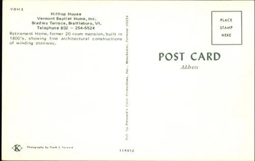 Vista 2 de Hilltop House, Bradley Terrace Brattleboro, Vermont VT Original Vintage Postal