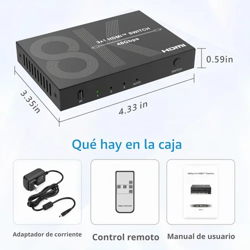 Vista 7 de Interruptor HDMI 8K 3 en 1 salida 4K@120Hz HDMI Switcher con control remoto