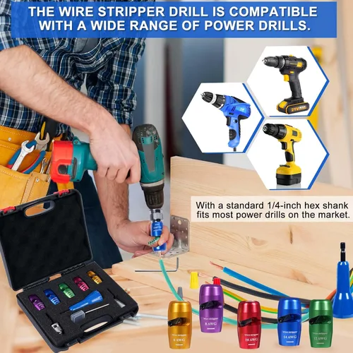 Vista 6 de Pelacables para AWG, herramienta mejorada para taladro, pelacables eléctrico universal 8 en 1, herramienta de extracción rápida de cable con 25