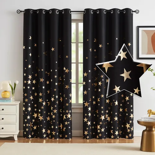 Vista 9 de Treatmentex Cortinas Blackout Completas Gold Star Negras para Dormitorio de Niños Varones, Paneles de Ventana con Acabado Metálico para Cuarto