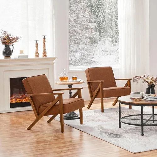 Vista 16 de Yaheetech Silla decorativa, silla de lectura de piel sintética, silla moderna de mediados de siglo con marco de madera maciza para sala de estar