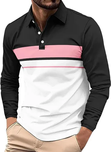 Vista 16 de Polo para hombre, manga larga, ajustado, a rayas, con cuello, talla grande, para golf y otoño