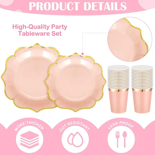 Vista 3 de Yaomiao Juego de 336 platos y servilletas, suministros para fiestas, platos festoneados, vasos, servilletas con tenedores de plástico, cuchillos
