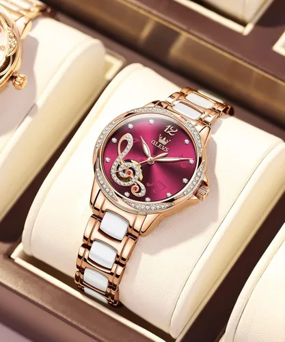 Vista 3 de OLEVS Relojes de mujer automáticos de cuerda automática para mujer, vestido de lujo de oro rosa, diamante blanco, cerámica para mujer, reloj
