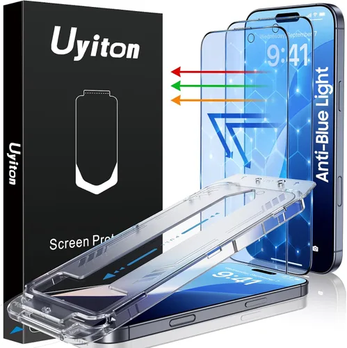 Vista 12 de Uyiton Protector de pantalla anti-luz azul para iPhone 15, protector de pantalla de vidrio irrompible de cobertura completa, resistente a