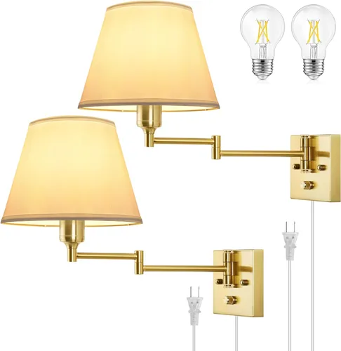 Vista 17 de TRLIFE Aplique de pared enchufable, juego de 2 lámparas de pared regulables con brazo oscilante de níquel cepillado, cable de enchufe y interruptor