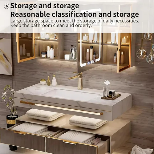 Vista 4 de Tocador de baño con fregadero, lavabo individual/doble y gabinete con espejo LED para eliminar la niebla, diseño moderno, tocador flotante montado