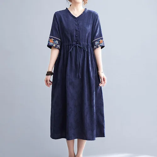 Vista 2 de QIGUANDZ Vestido de lino de algodón casual de jacquard floral para mujer, vestido elegante con bordado de manga corta con cordones y cintura definida