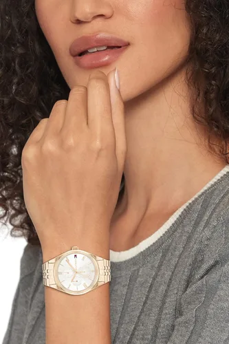 Vista 4 de Tommy Hilfiger Reloj multifunción de acero inoxidable y pulsera de eslabones para mujer, color clavel (modelo 1782593), Carnation