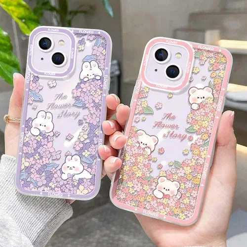 Vista 6 de Funda protectora de TPU suave con diseño de oso Kawaii con diseño floral rosa para iPhone 14
