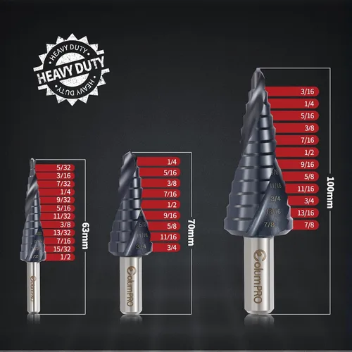 Vista 2 de Juego de 3 brocas escalonadas de cobalto para acero inoxidable y metal duro, M35 HSS Unibit con revestimiento TiAlN, diseño de flauta en espiral