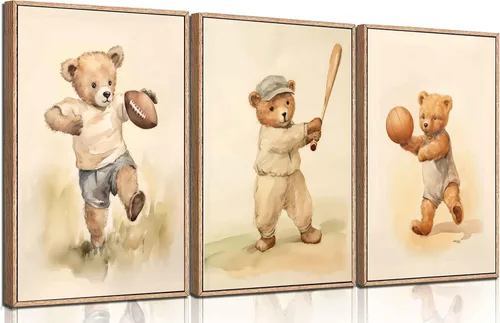 Vista 11 de 3 Piezas Arte de Pared en Lienzo de Animales Osito de Peluche Deportivo para Cuarto de Bebé Lindo Oso Bebé del Bosque Rugby Decoración de Pared