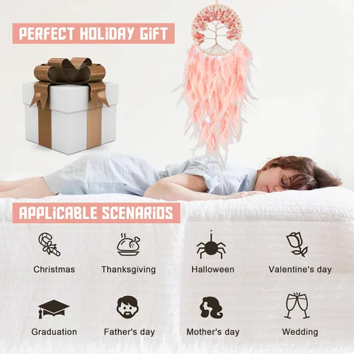 Vista 5 de Atrapasueños grandes del árbol de la vida, plumas de gallo rosa con ágata roja, atrapasueños de chakras hecho a mano para dormitorio, un Rosa
