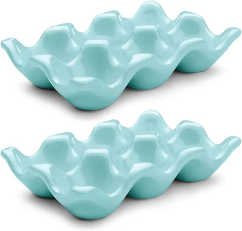 Vista 30 de Flexzion Bandeja de Cerámica para 12 Huevos - Portahuevos de Porcelana para Docena Completa Contenedor Organizador de Almacenamiento Soporte