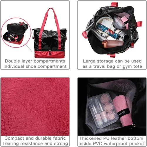 Vista 5 de fancyfree Bolsa de doble capa, bolsa de viaje grande con compartimento inferior para zapatos, bolsa de lona ideal para mujeres y hombres
