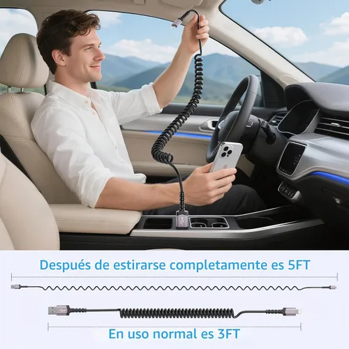 Vista 5 de Paquete de 3 cables Lightning en espiral para automóvil [certificado MFi] cargador retráctil para iPhone, Apple CarPlay, cable USB a Lightning
