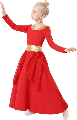Vista 2 de REXREII - Traje de baile con cintura metálica de manga larga litúrgica para niñas