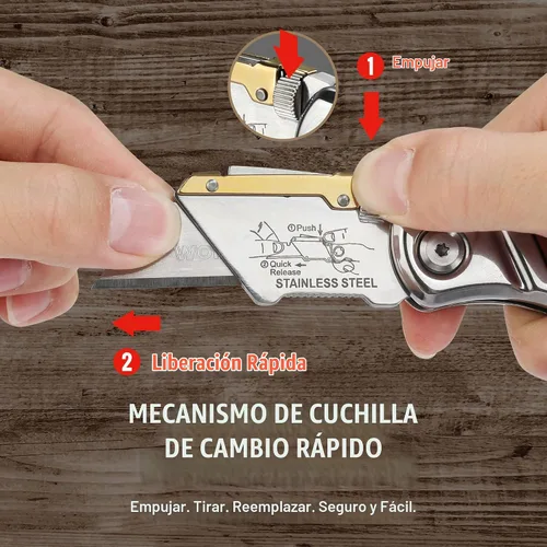 Vista 5 de WORKPRO Cuchillo utilitario plegable con clip para cinturón y cuchillas adicionales de 10 piezas, mango de madera, cortador resistente, cambio
