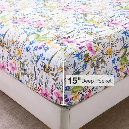 Vista 3 de Viviland Juego de sábanas tamaño individual – Sábanas de 3 piezas con estampado botánico floral y mariposa – Sábanas de microfibra suave y Mariposa