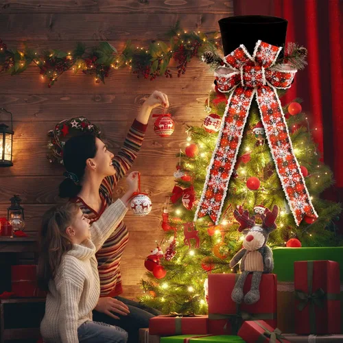 Vista 3 de Sombrero de adorno para árbol de Navidad, sombrero negro con lazo y cinta alargada - Adornos para árbol de Navidad para fiesta de Navidad, ornamento