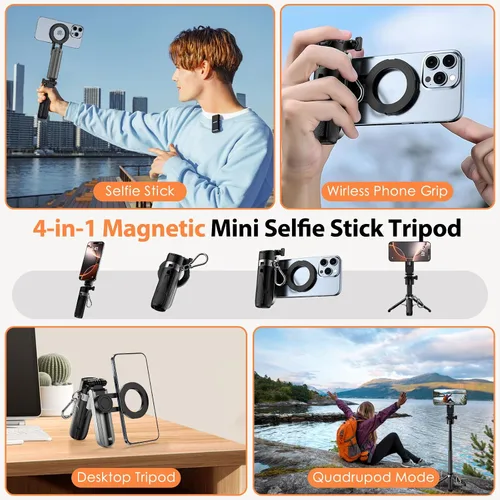 Vista 2 de CloudValley Mini trípode magnético para selfie, trípode para teléfono de tamaño de bolsillo 4 en 1 con rotación de 360°, control remoto Bluetooth