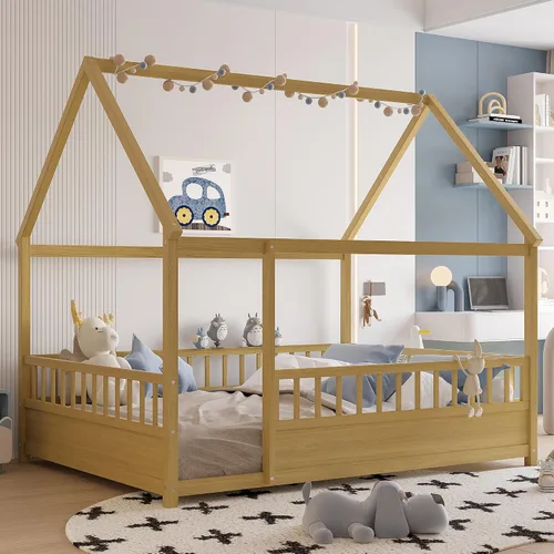 Vista 21 de Harper & Bright Designs Marco de cama de piso de casa de tamaño individual con barandillas de techo y valla, cama Montessori de madera maciza, fácil