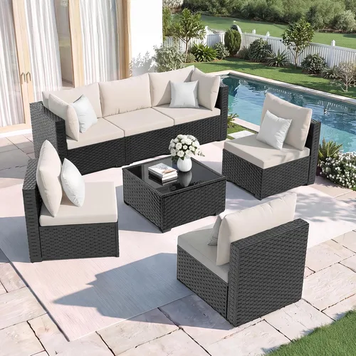 Vista 9 de Amopatio Juego de muebles de patio de 7 piezas, seccionales para exteriores, beige Negro/Beige