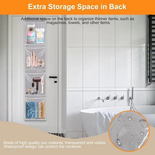 Vista 9 de Woodoulogy Organizador y almacenamiento para colocar sobre la puerta, soporte de juguetes colgante con 4 bolsas extraíbles transparentes, funda