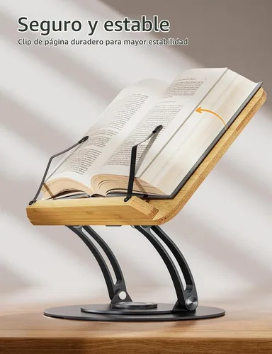 Vista 5 de Nulaxy Bamboo 360 - Soporte giratorio para libros de lectura, soporte ajustable para libros de texto para leer manos libres, soporte plegable