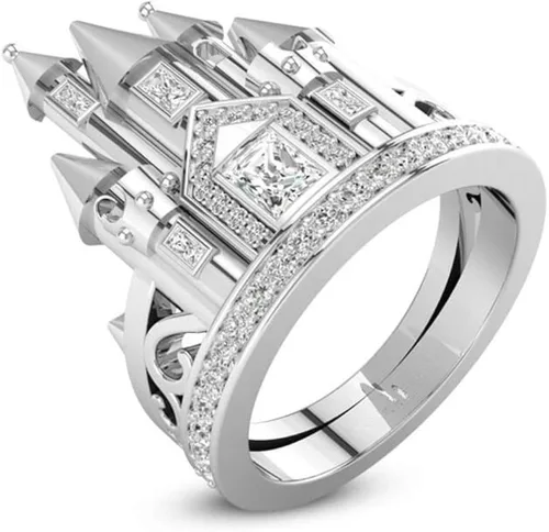 Vista 2 de Ai.Moichien Anillos de castillo de topacio blanco, anillo de boda, compromiso, grueso, elegante, chapado en plata, accesorios delicados