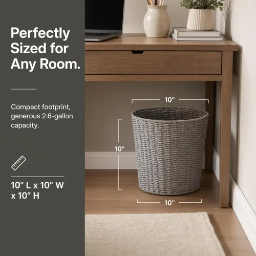 Vista 9 de [Usado] Household Essentials Cesta de basura tejida, papelera de cuerda de papel gris para baño, dormitorio, oficina