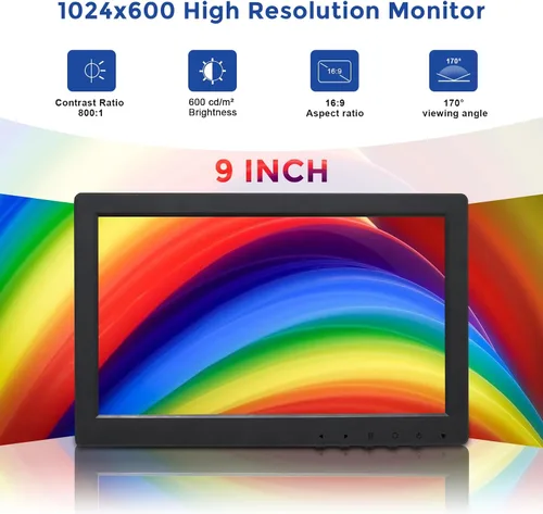 Vista 2 de OSCY Monitor pequeño de 9 pulgadas, compatible con HDMI/VGA/AV/BNC 1024x600 16:9 monitor de computadora con control remoto y altavoces integrados
