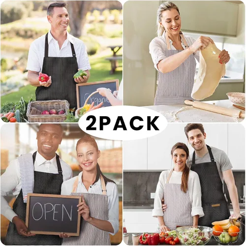 Vista 7 de BeLuyi Paquete de 2 delantales ajustables con 2 bolsillos para cocinar, cocina, restaurante, delantales para mujeres y hombres